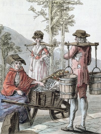 Paysans Anglais Vendants des Fruits et Portants du Lait, illustration de 